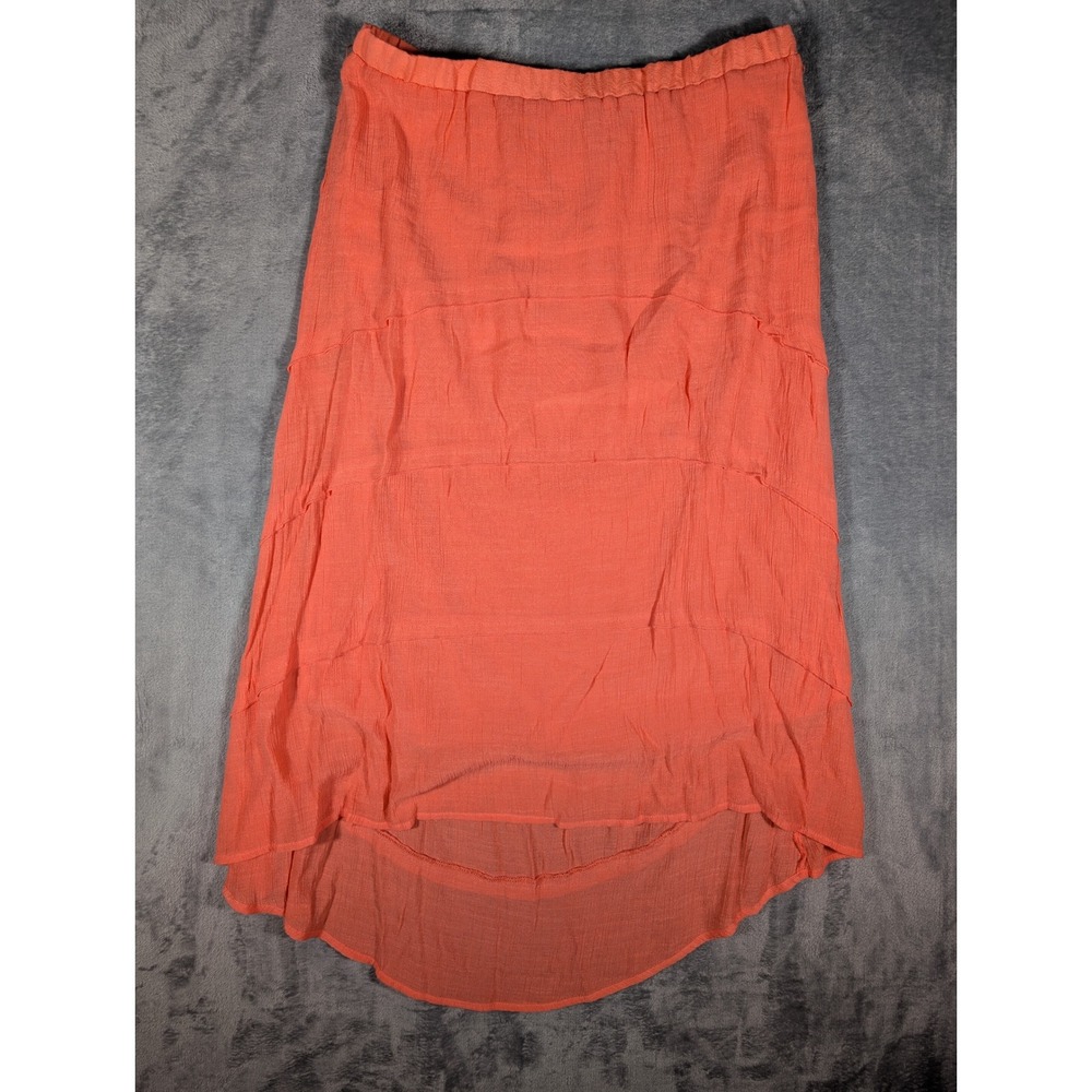 Westport Womens Large Coral Pink Gauze Tiered High Low Midi Skirt Elastic Waist